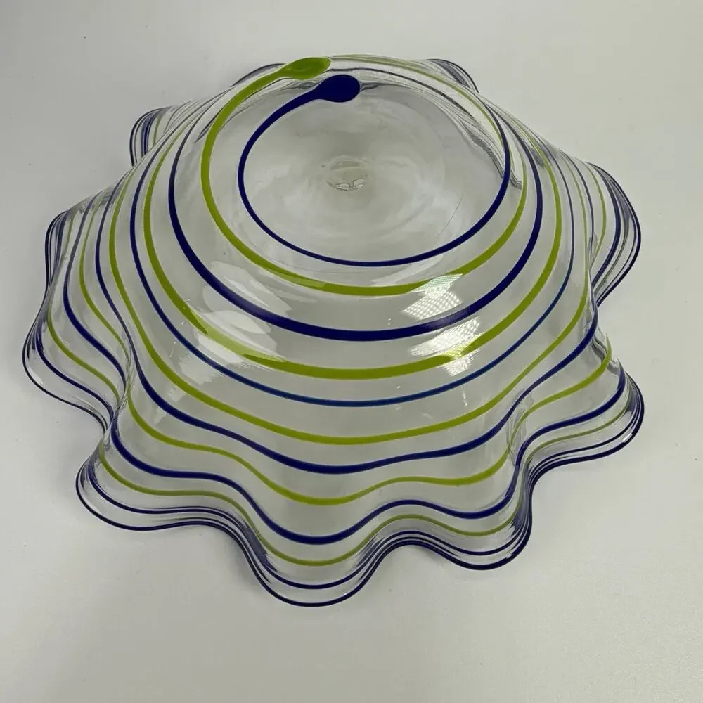 Blue Green Stripe Swirl Blown Art Glass Fluted Bowl 2.5 x 7.5